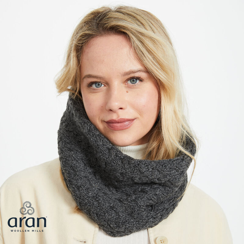 Aran Woollen Mills Super Soft Merino Wool Infinity Cabled Scarf In Dark Grey